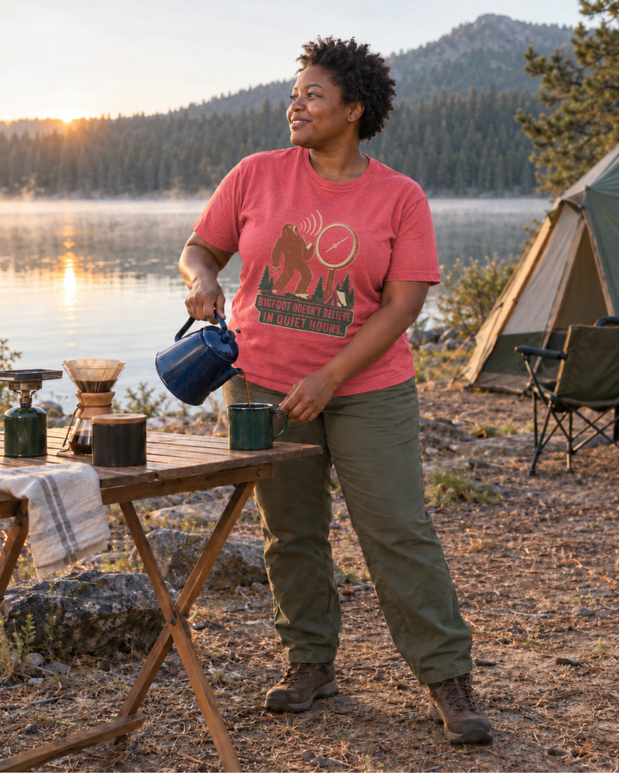 Camper wearing the ‘Outdoorsy & Organized’ tee at the campsite