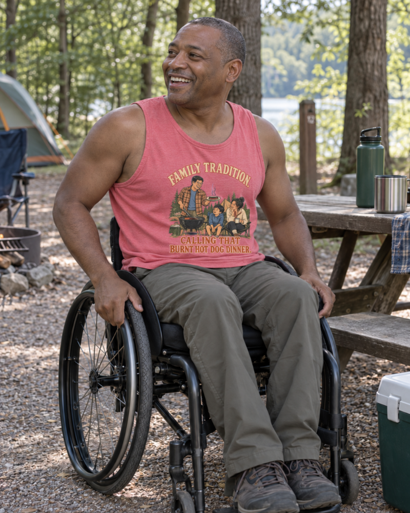 Campers wearing the ‘Built the Fire, Lost the Tongs, Found the Beer’ tee by a campfire