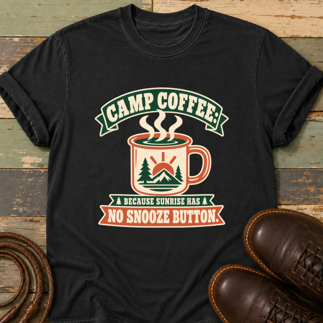 Camp Coffee Because Sunrise Has No Snooze Button — T-Shirt