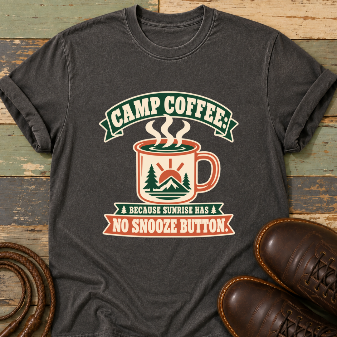 Camp Coffee Because Sunrise Has No Snooze Button — T-Shirt