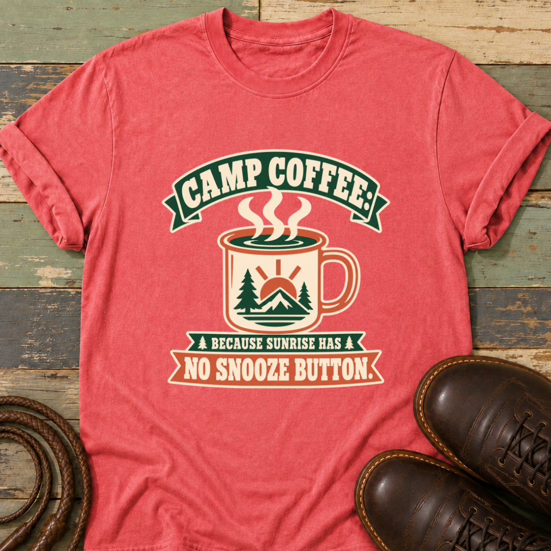 Camp Coffee Because Sunrise Has No Snooze Button — T-Shirt