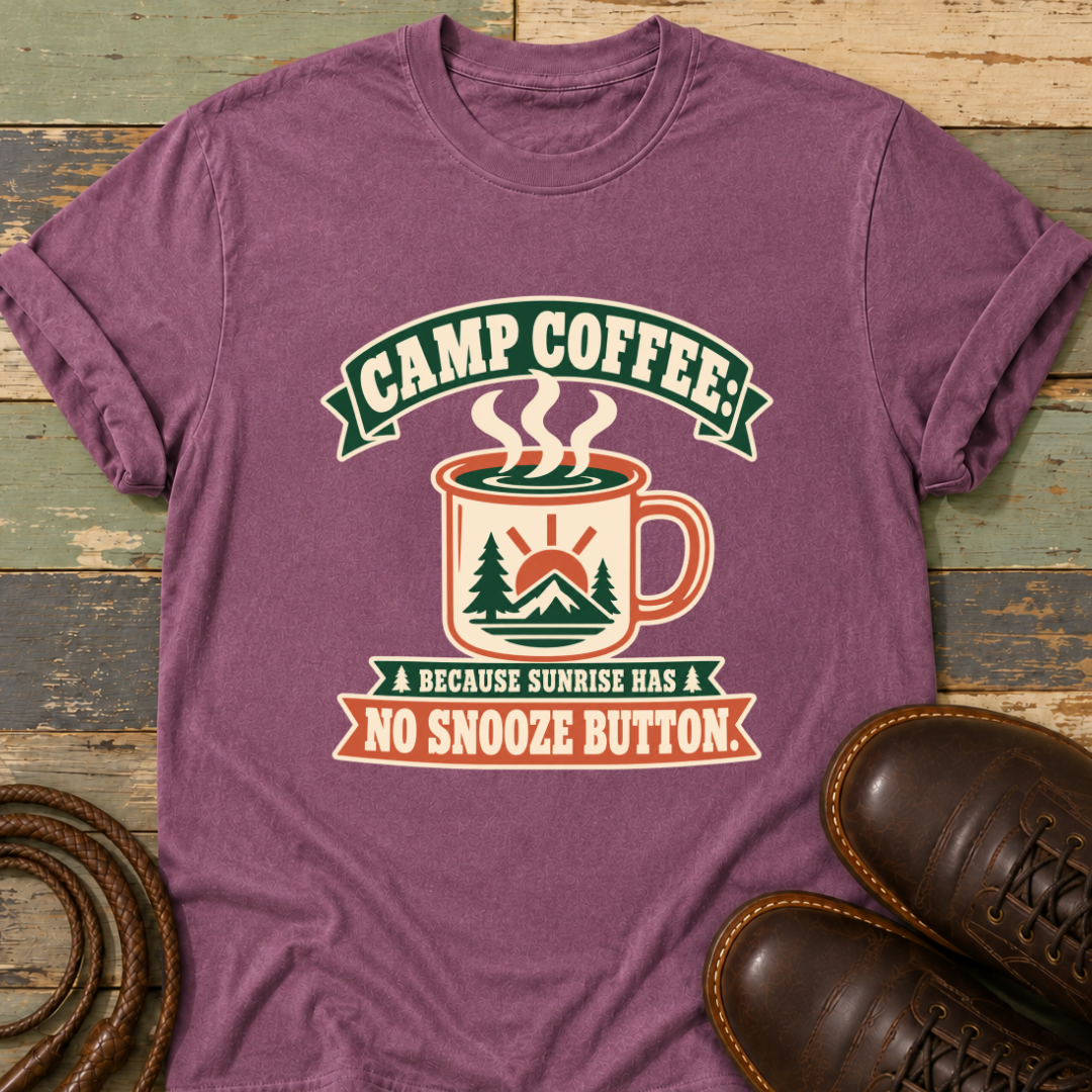 Camp Coffee Because Sunrise Has No Snooze Button — T-Shirt
