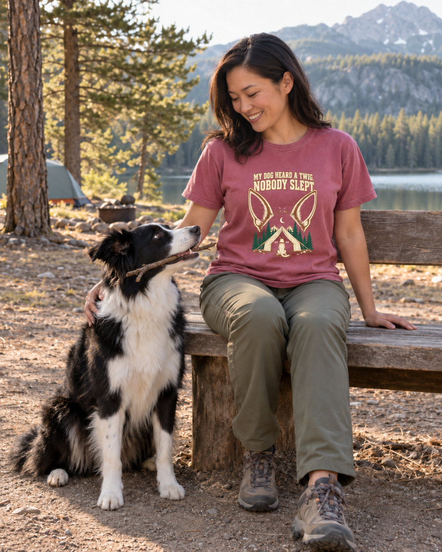 Camper wearing the ‘Forecast: 100% Chance We Packed Wrong’ tee outdoors