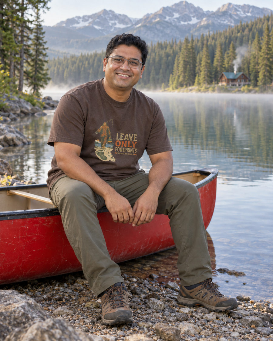 Hiker wearing the ‘Leave Only Footprints’ tee on a trail