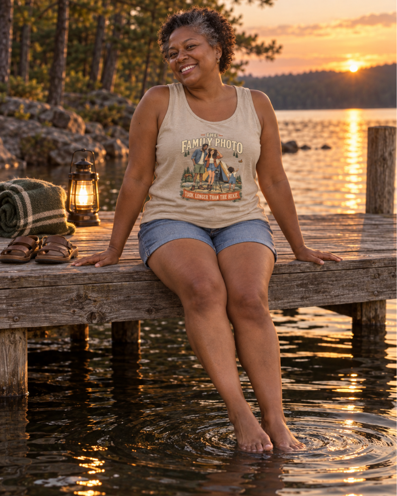 Camper wearing the ‘Outdoorsy & Organized’ tee at the campsite