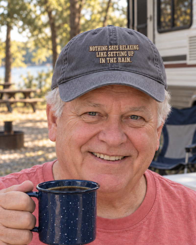 Camper wearing the ‘Forecast: 100% Chance We Packed Wrong’ tee outdoors