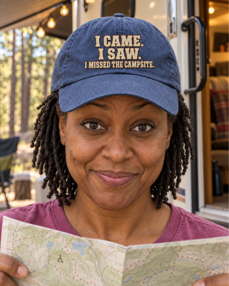 Camper wearing the ‘Outdoorsy & Organized’ tee at the campsite