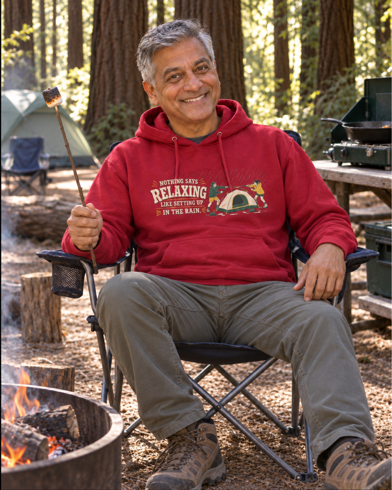Camper wearing the ‘Outdoorsy & Organized’ tee at the campsite