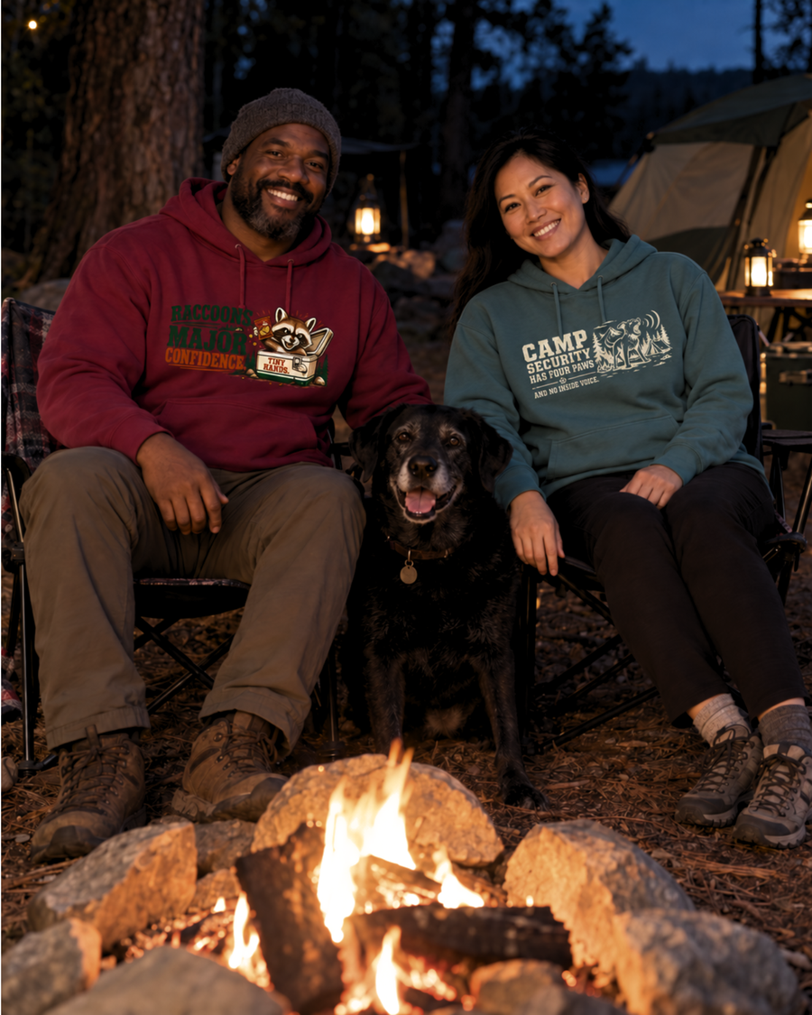 Camper wearing the ‘Forecast: 100% Chance We Packed Wrong’ tee outdoors